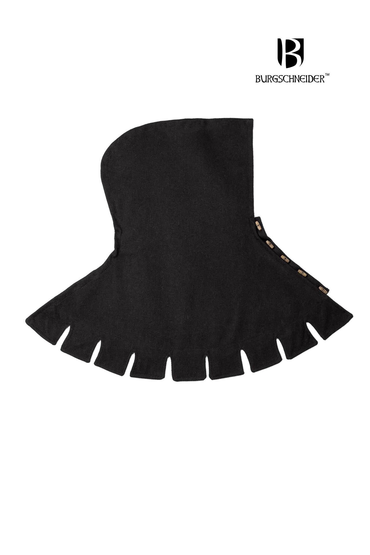 Right Side Cowl Dangereuse Black featuring a close-fitting hood, rustic wooden buttons, and elegant crenelated pinnacles, made from sturdy wool fabric.