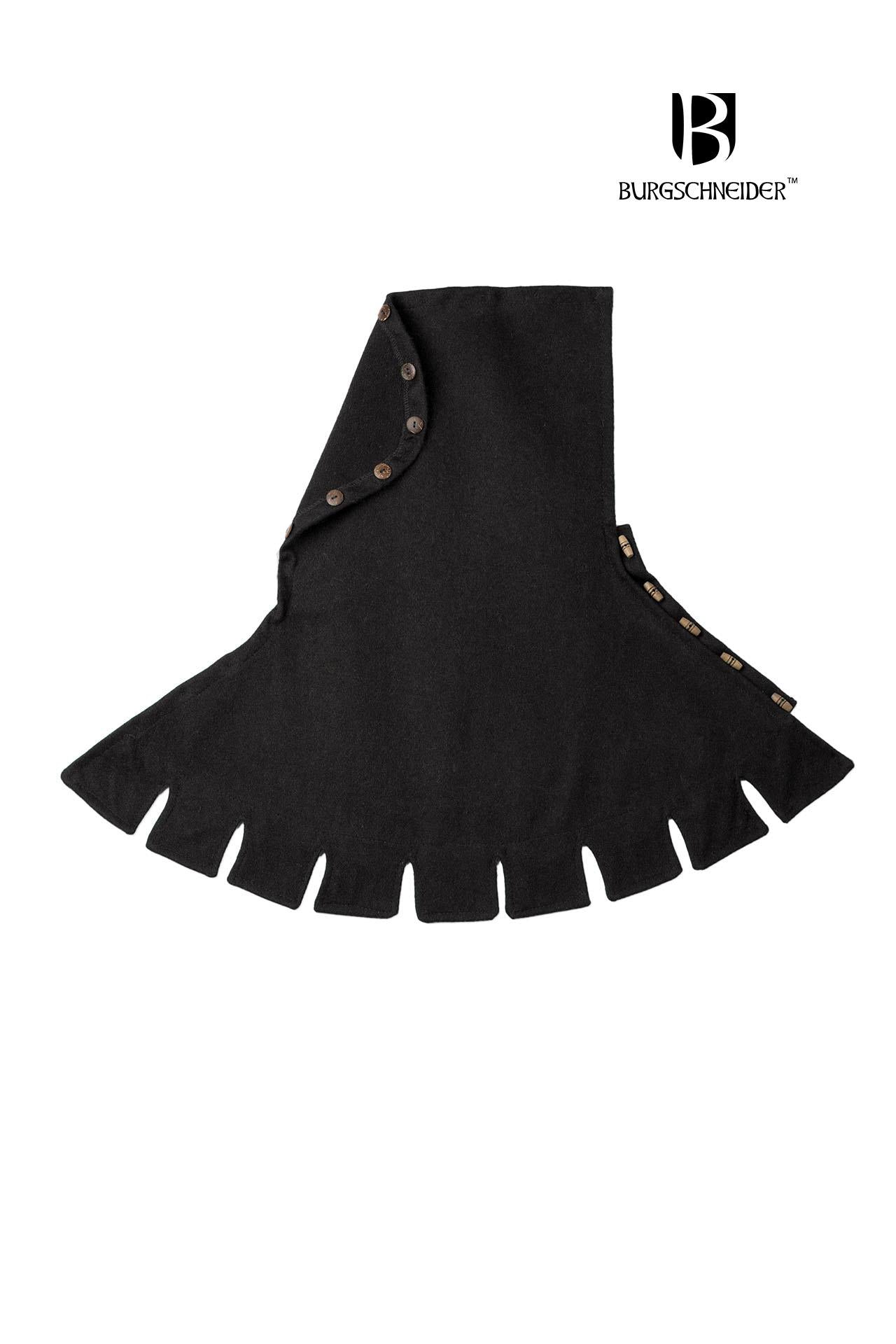 Right Side Cowl Dangereuse Black featuring a close-fitting hood, rustic wooden buttons, and elegant crenelated pinnacles, made from sturdy wool fabric.
