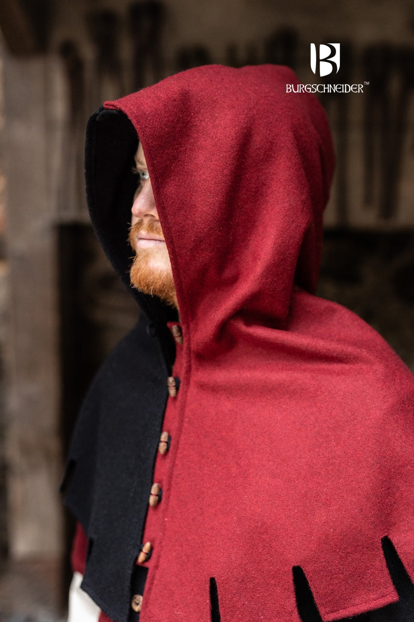 Right Side Cowl Dangereuse Black featuring a close-fitting hood, rustic wooden buttons, and elegant crenelated pinnacles, made from sturdy wool fabric.