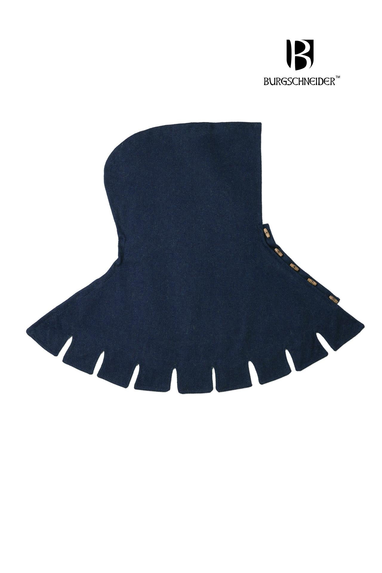 Right Side Cowl Dangereuse Blue featuring a close-fitting hood, rustic wooden buttons, and elegant crenelated pinnacles, made from sturdy wool fabric.