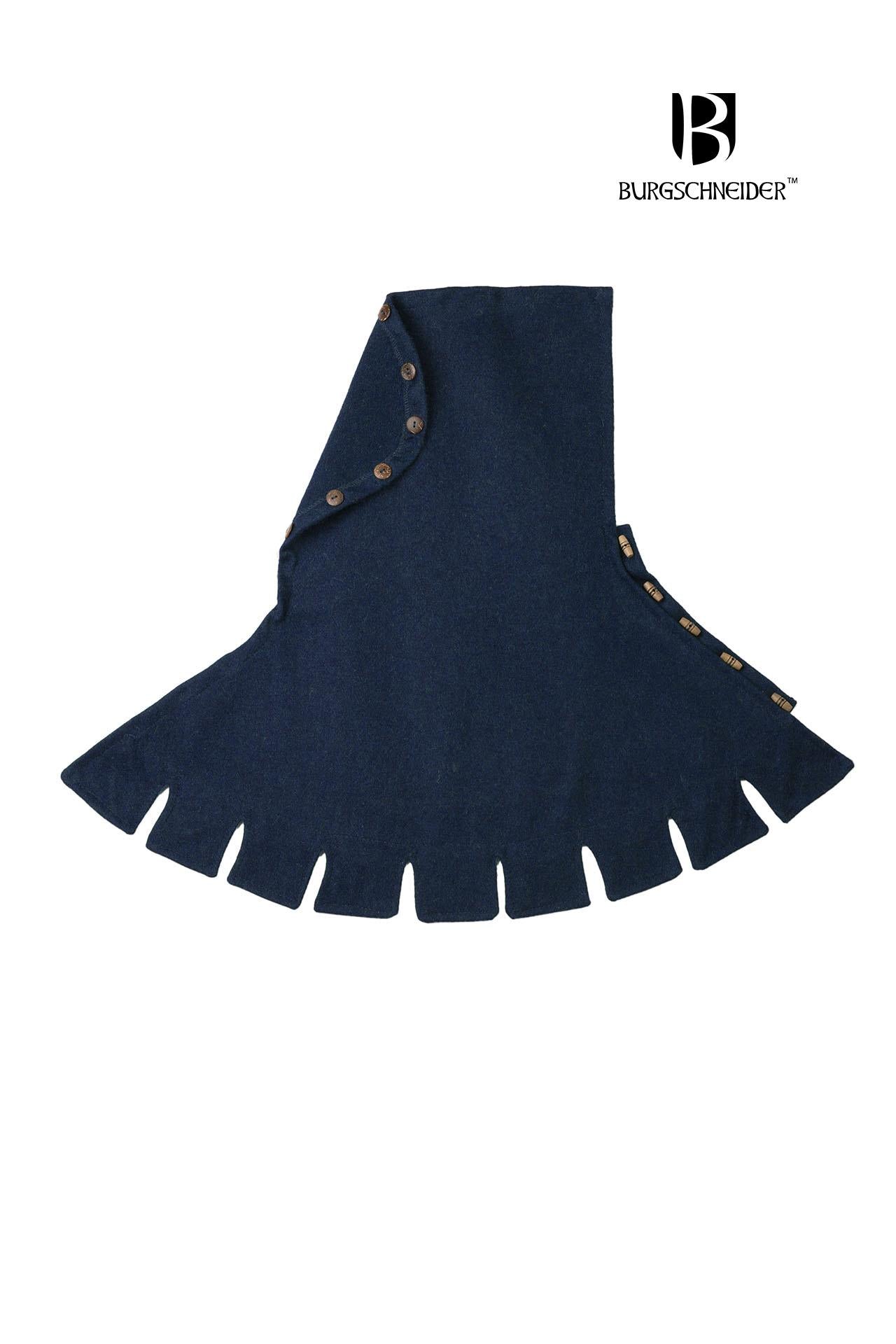 Right Side Cowl Dangereuse Blue featuring a close-fitting hood, rustic wooden buttons, and elegant crenelated pinnacles, made from sturdy wool fabric.