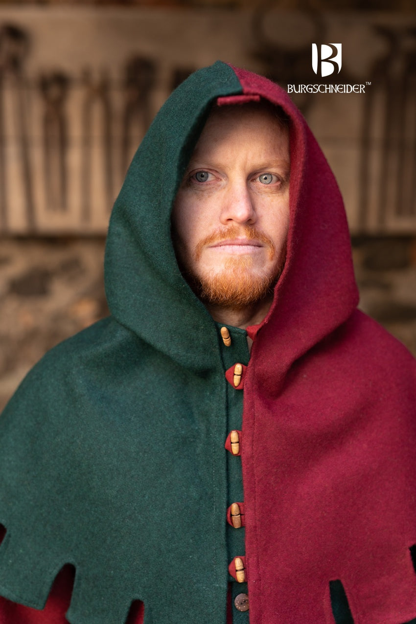 Right Side Cowl Dangereuse Green featuring rustic wooden buttons and elegant crenelated design, made from sturdy wool fabric.