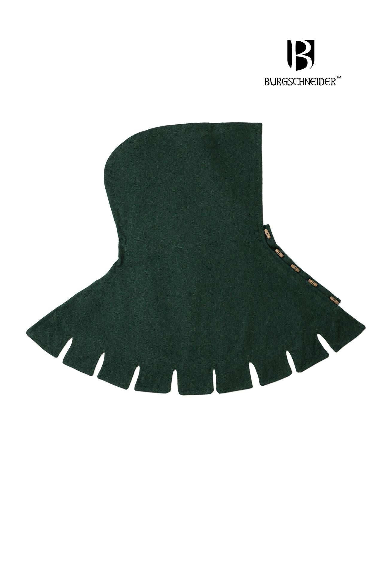 Right Side Cowl Dangereuse Green featuring rustic wooden buttons and elegant crenelated design, made from sturdy wool fabric.