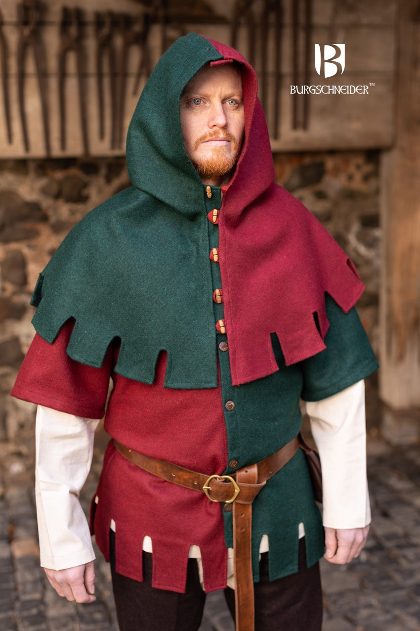 Right Side Cowl Dangereuse Green featuring rustic wooden buttons and elegant crenelated design, made from sturdy wool fabric.