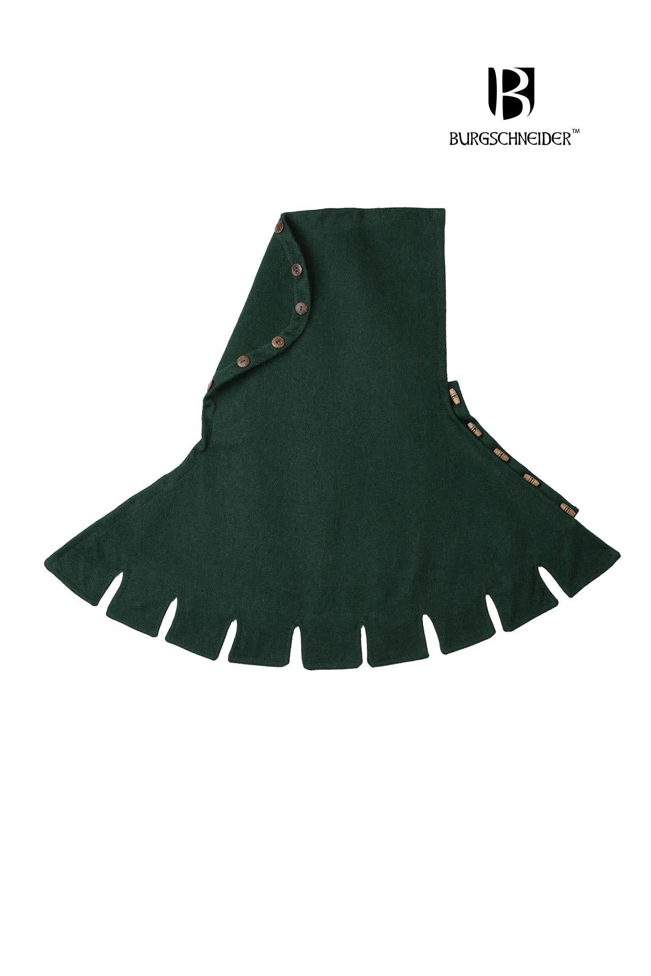 Right Side Cowl Dangereuse Green featuring rustic wooden buttons and elegant crenelated design, made from sturdy wool fabric.