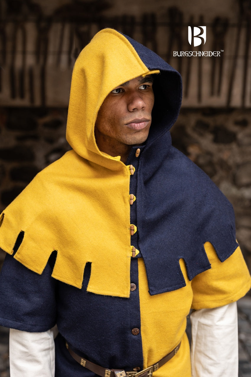 Right Side Cowl Dangereuse in vibrant yellow with rustic wooden buttons and elegant design, perfect for medieval-inspired fashion.