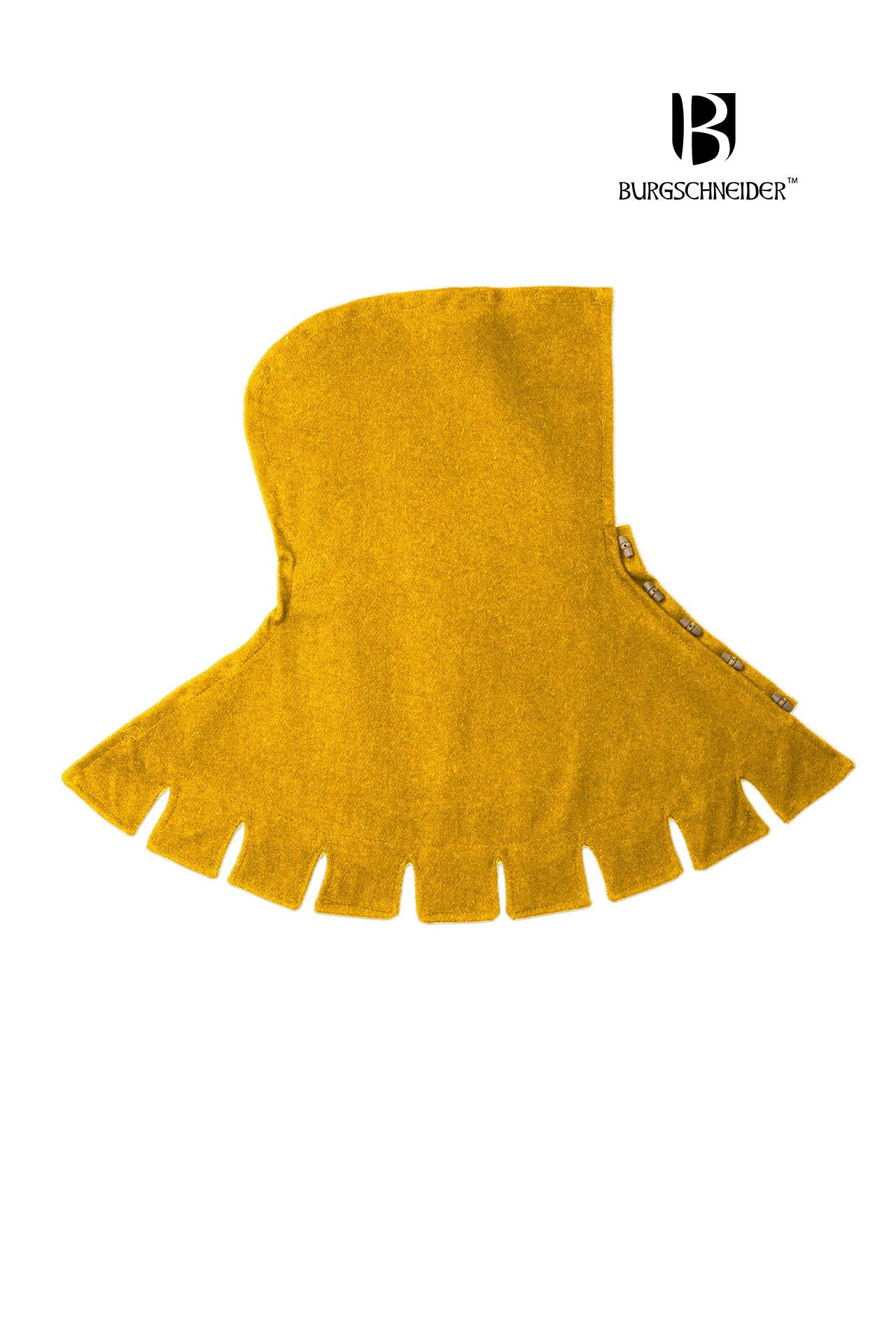 Right Side Cowl Dangereuse in vibrant yellow with rustic wooden buttons and elegant design, perfect for medieval-inspired fashion.