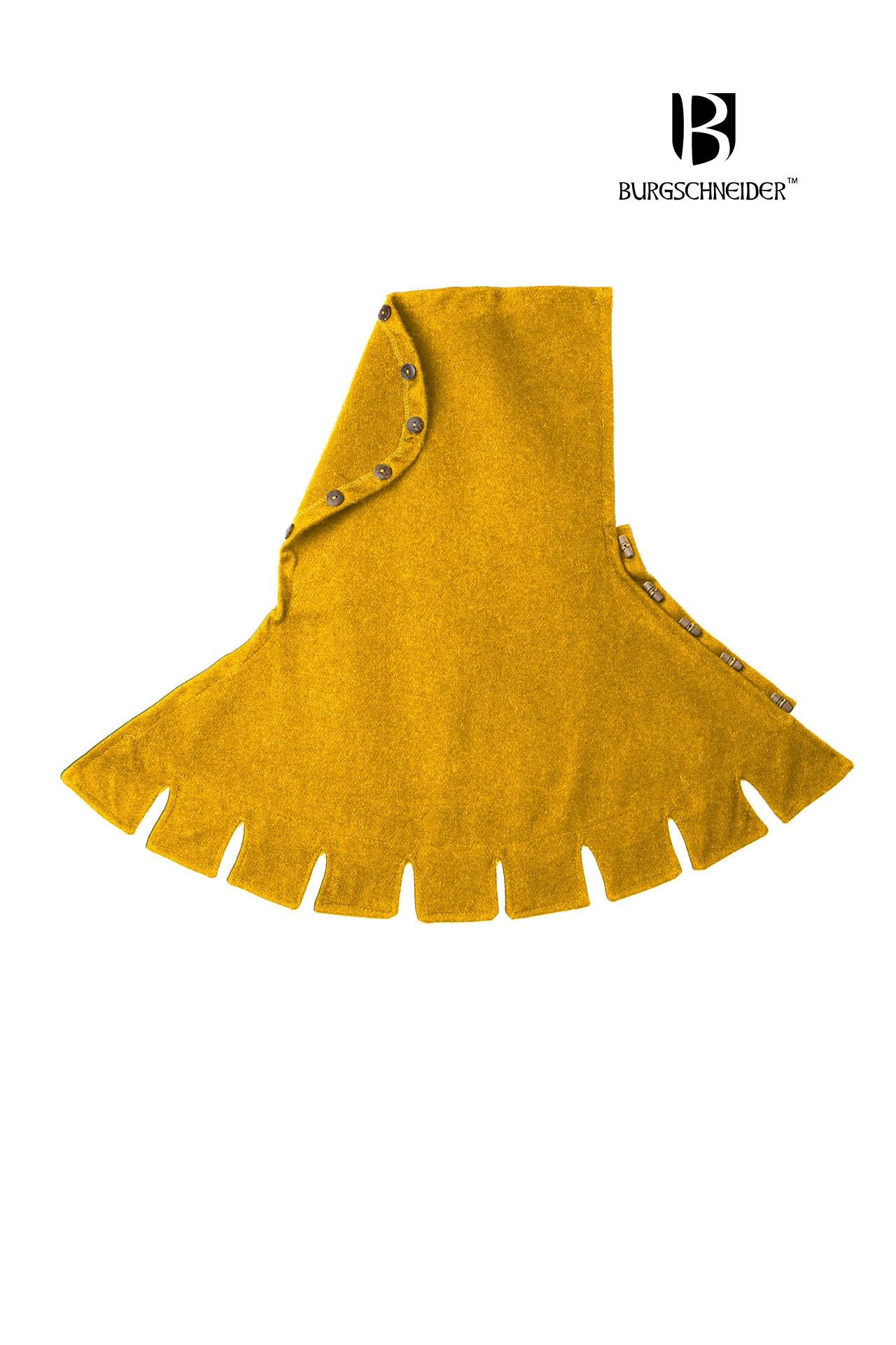 Right Side Cowl Dangereuse in vibrant yellow with rustic wooden buttons and elegant design, perfect for medieval-inspired fashion.