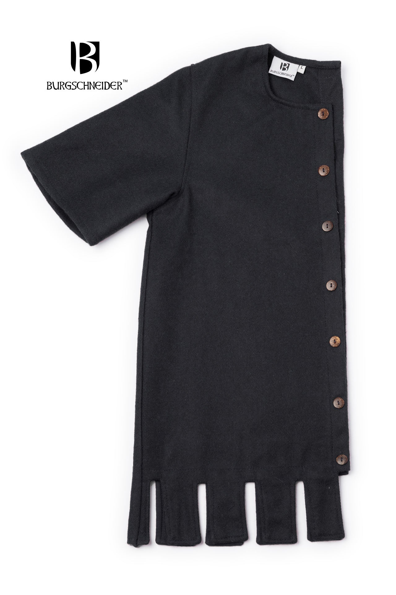 Right Side Surcoat Aleran in black with stylish wooden buttons and crenelated cuffs, showcasing a modular design for color customization.