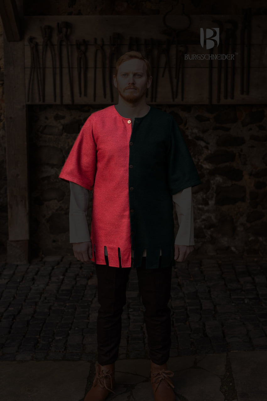 Right Side Surcoat Aleran in vibrant red with wooden buttons and wide sleeves, showcasing its elegant design and historical significance.
