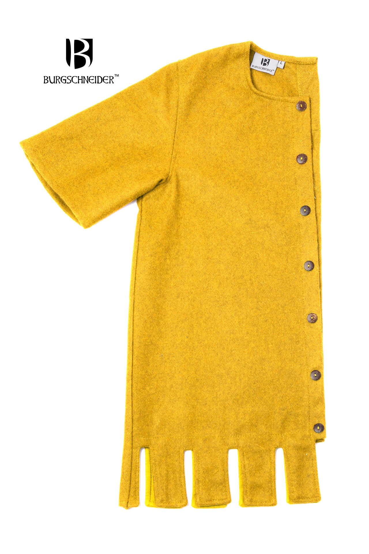 Right Side Surcoat Aleran in vibrant yellow with wooden buttons and wide sleeves, showcasing its medieval design.