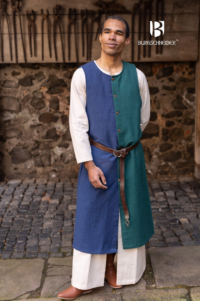 Right Side Tabard Auderic Blue featuring stylish wooden buttons and wide armholes, made from heavy cotton fabric.