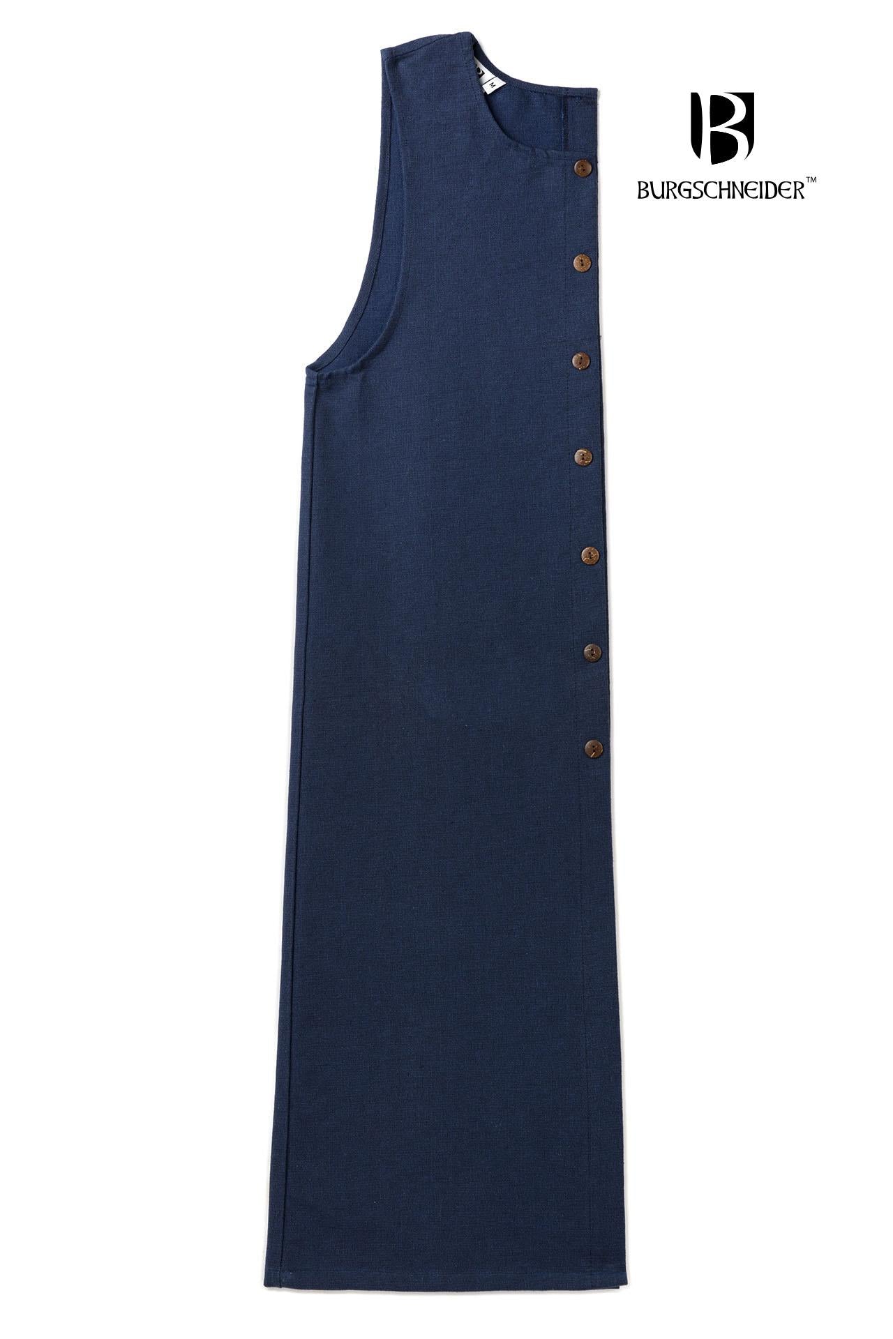 Right Side Tabard Auderic Blue featuring stylish wooden buttons and wide armholes, made from heavy cotton fabric.
