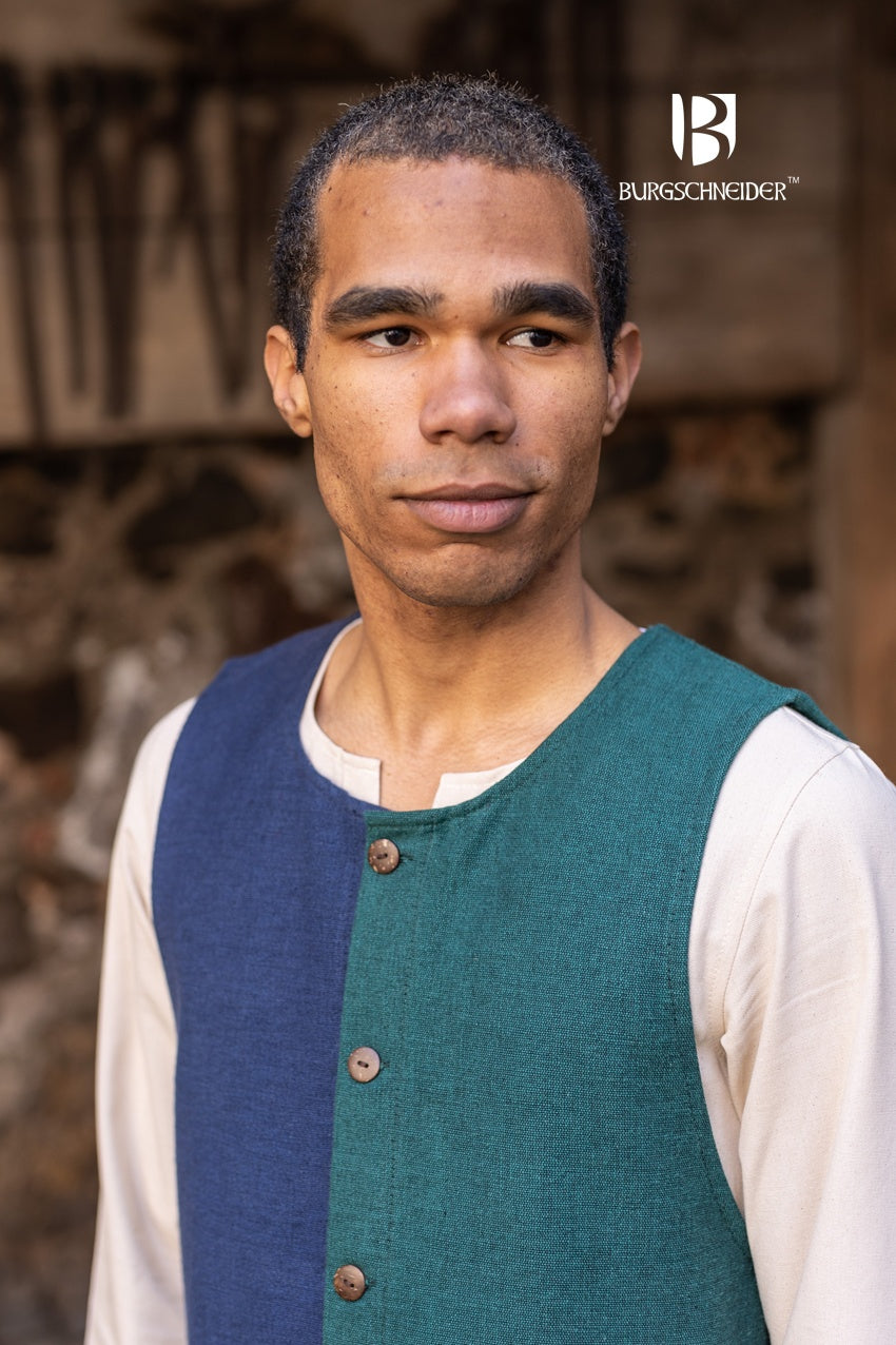 Right Side Tabard Auderic Blue featuring stylish wooden buttons and wide armholes, made from heavy cotton fabric.