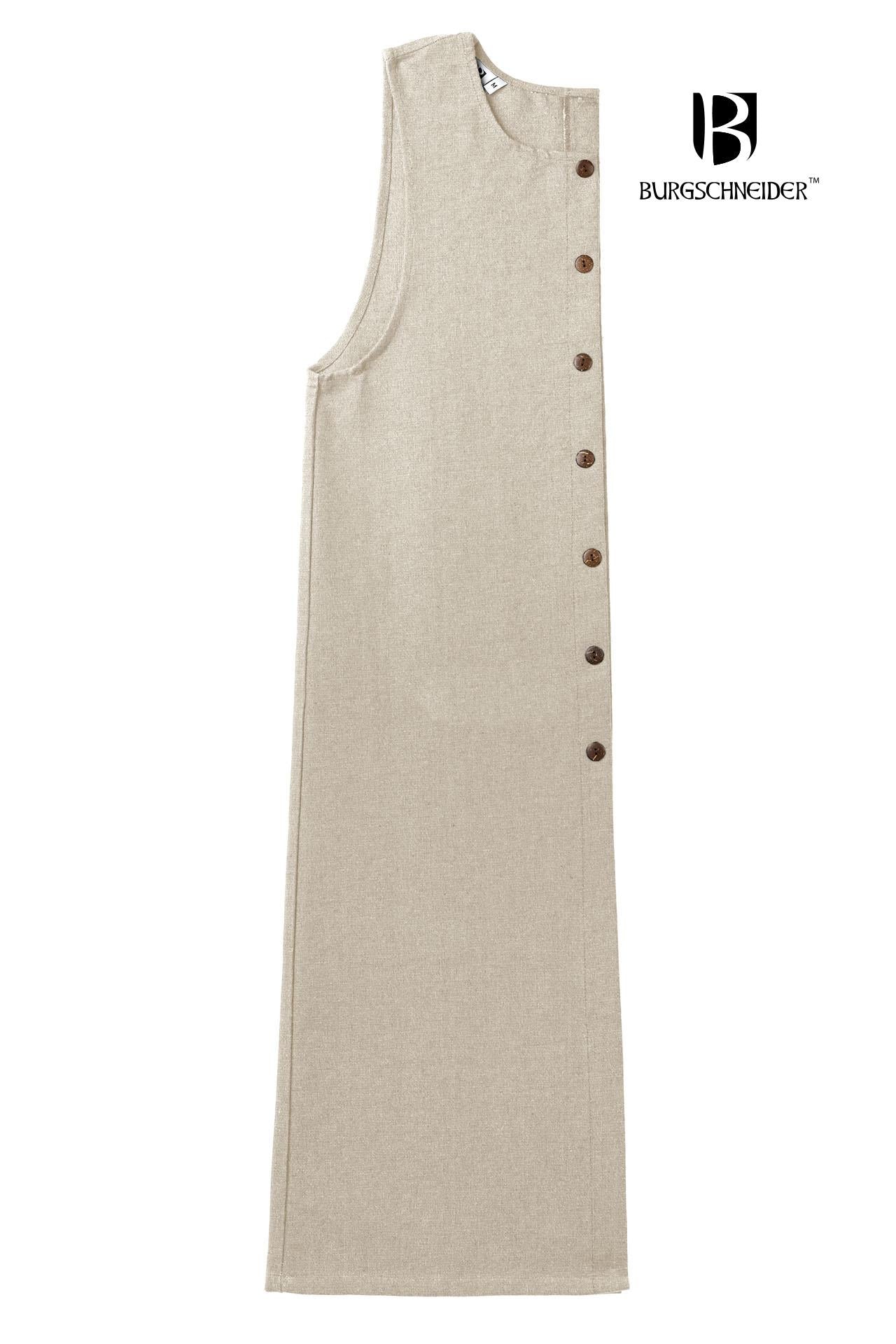 Right Side Tabard Auderic Natural, showcasing its heavy cotton fabric, stylish wooden buttons, and elegant drape over armor.