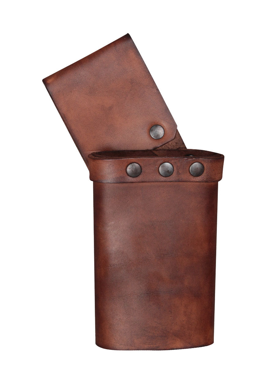 Right Sword Holder Ulmus Brown made of leather, featuring an adjustable loop for belt attachment, available in coal and wood colors.