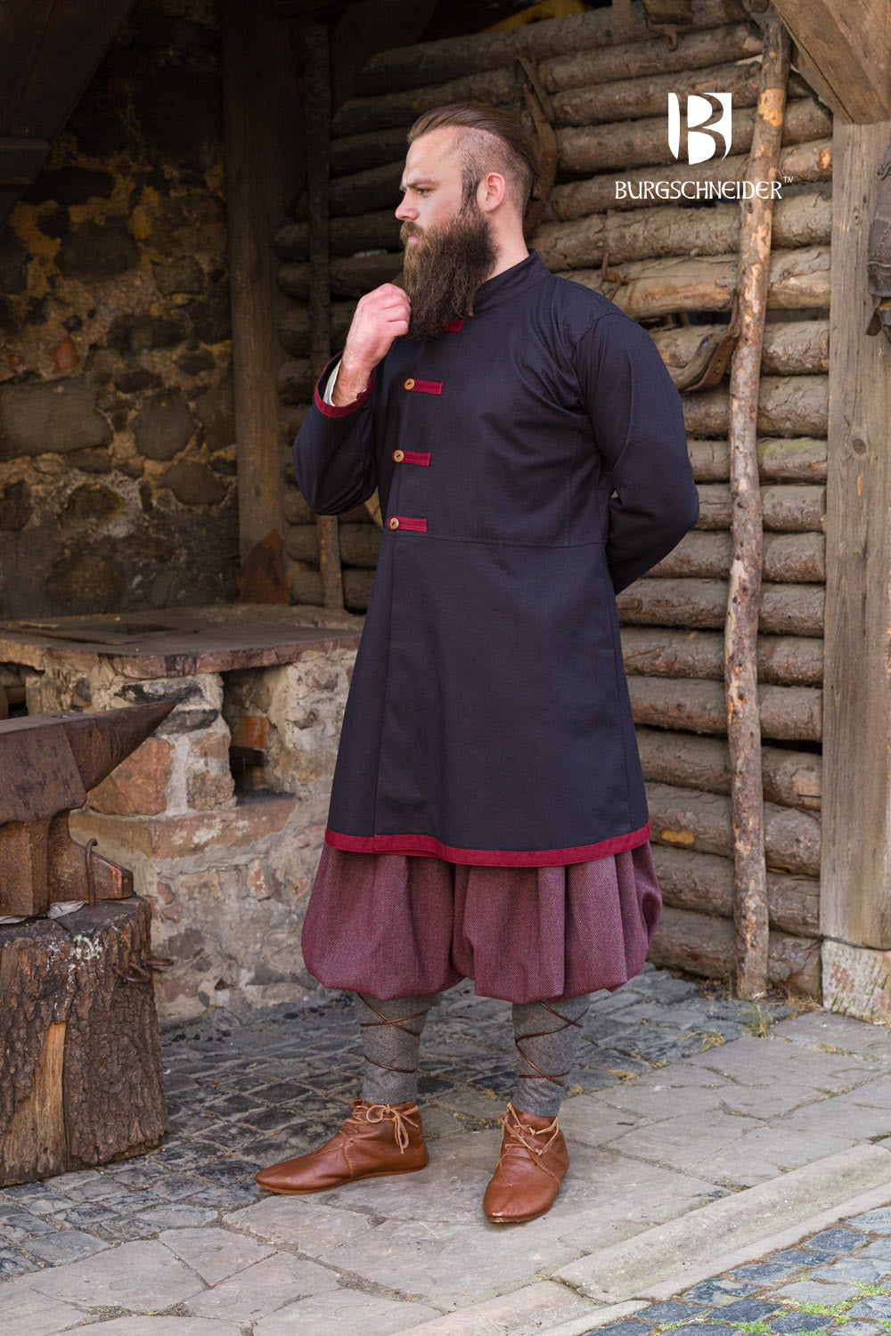 Jakub Rus Coat in Black with Bordeaux accents, featuring a lined standing collar and buttoned chest stripes.