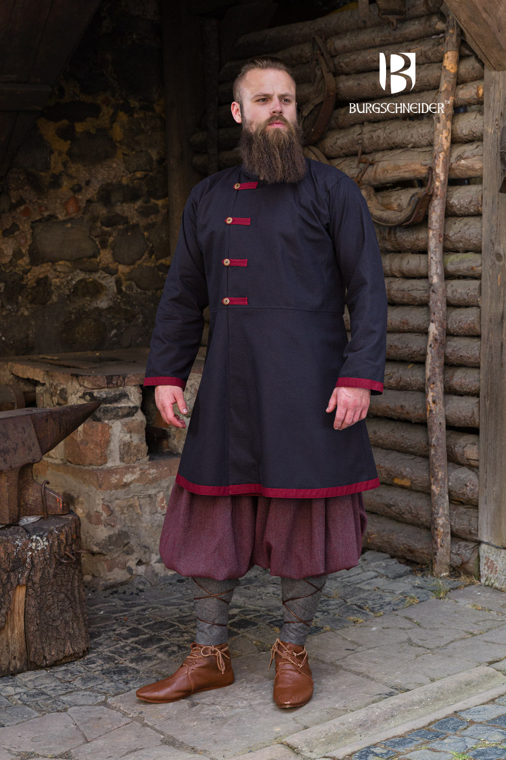 Jakub Rus Coat in Black with Bordeaux accents, featuring a lined standing collar and buttoned chest stripes.