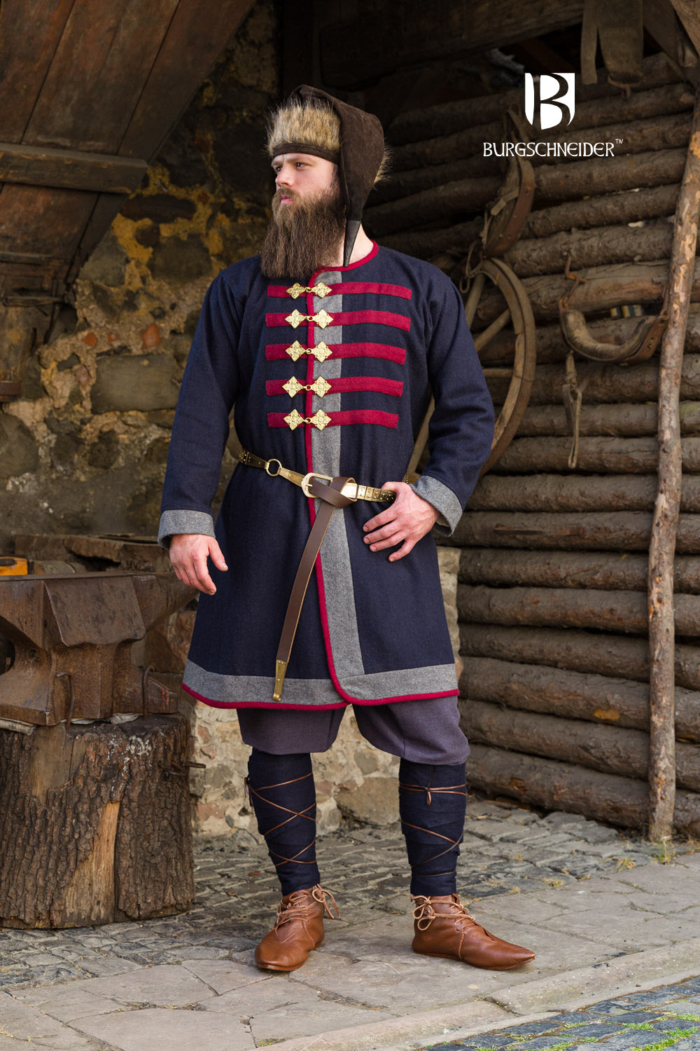 Kosma Rus Coat in Blue, Dark Grey, and Red with gold buckles and gray collar lining, showcasing elegant design and craftsmanship.