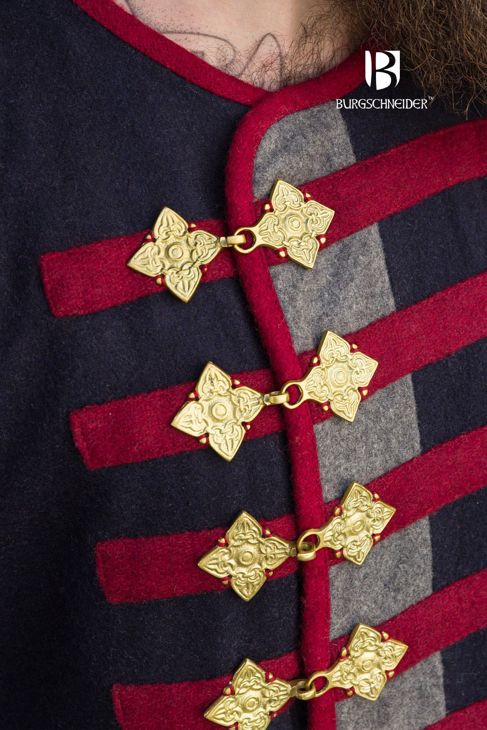 Kosma Rus Coat in Blue, Dark Grey, and Red with gold buckles and gray collar lining, showcasing elegant design and craftsmanship.