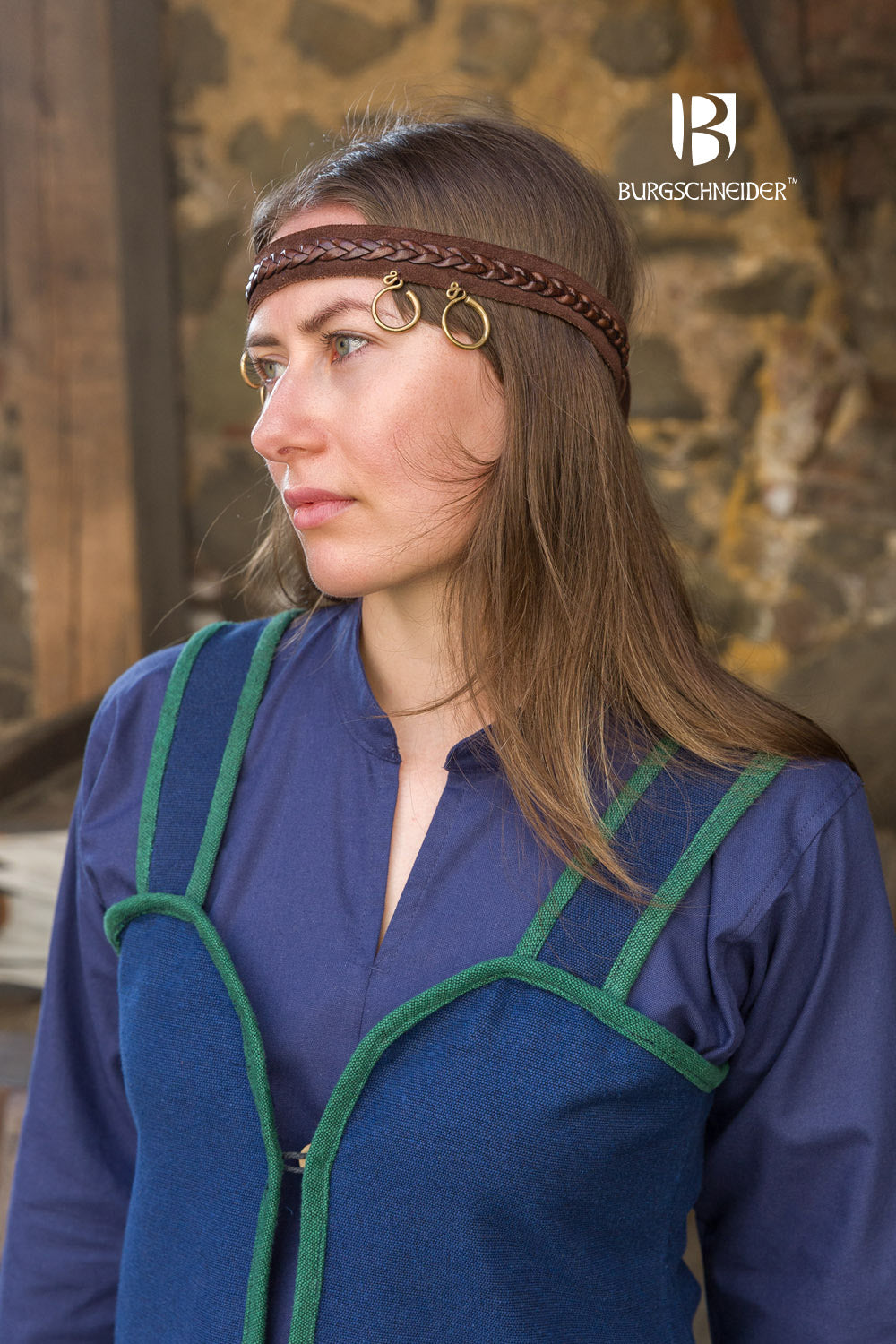 Katarzyna Rus Dress in blue with green edge binding, featuring over-the-shoulder straps and a button detail at the neckline.