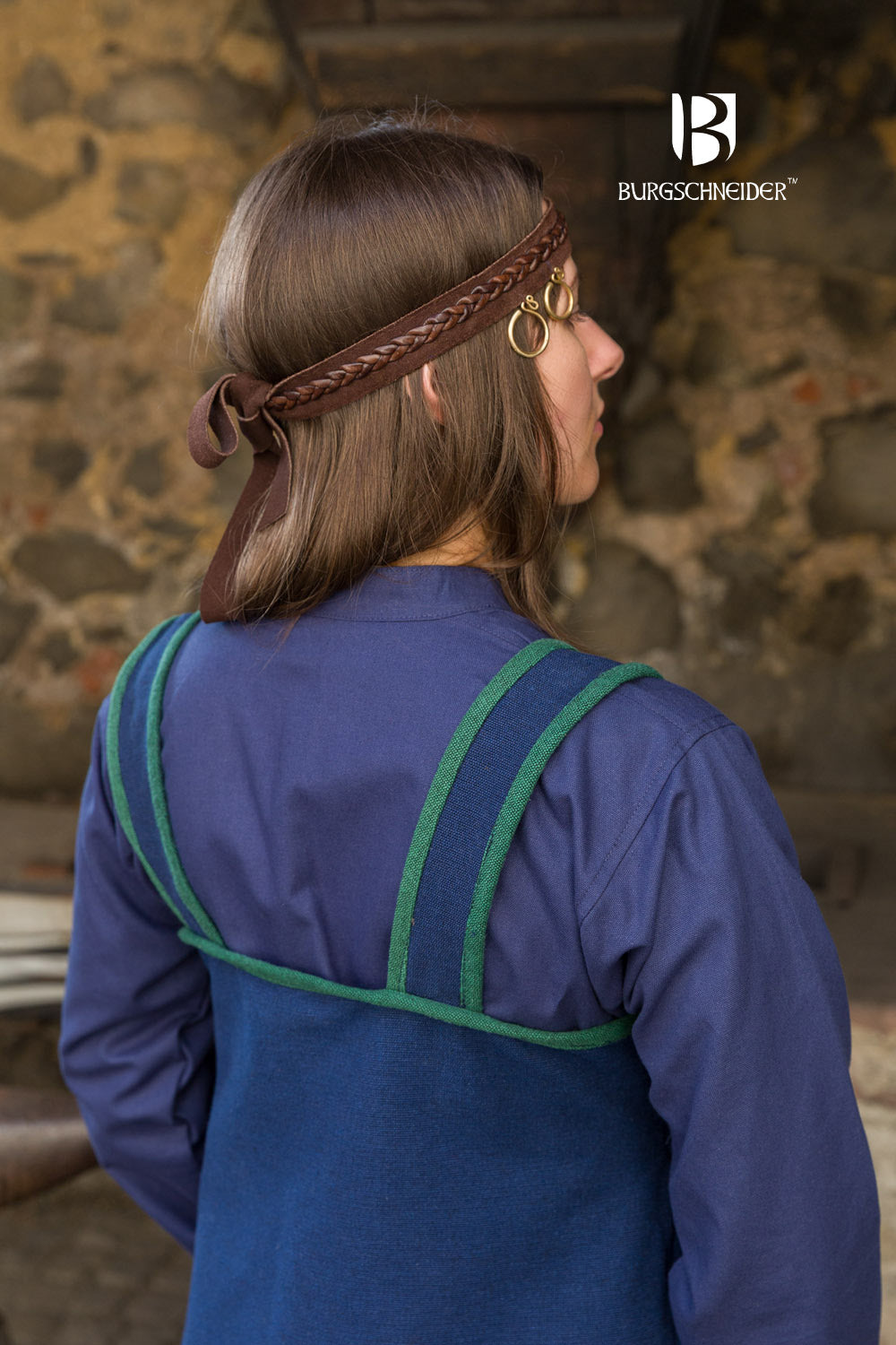 Katarzyna Rus Dress in blue with green edge binding, featuring over-the-shoulder straps and a button detail at the neckline.