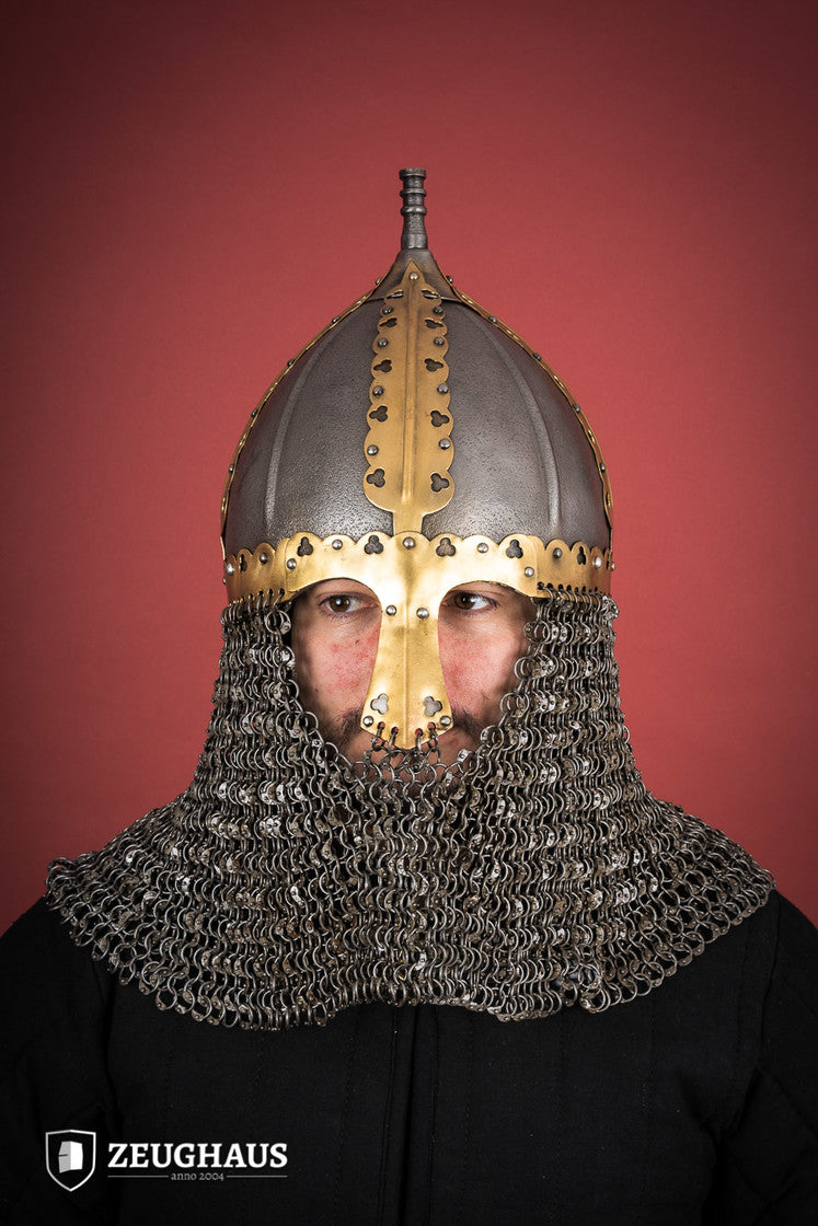 Rus Helmet with Riveted Aventail showcasing intricate design and adjustable leather lining, perfect for historical reenactments.