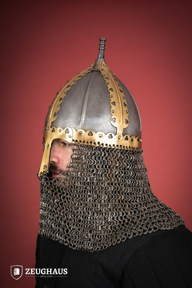 Rus Helmet with Riveted Aventail showcasing intricate design and adjustable leather lining, perfect for historical reenactments.