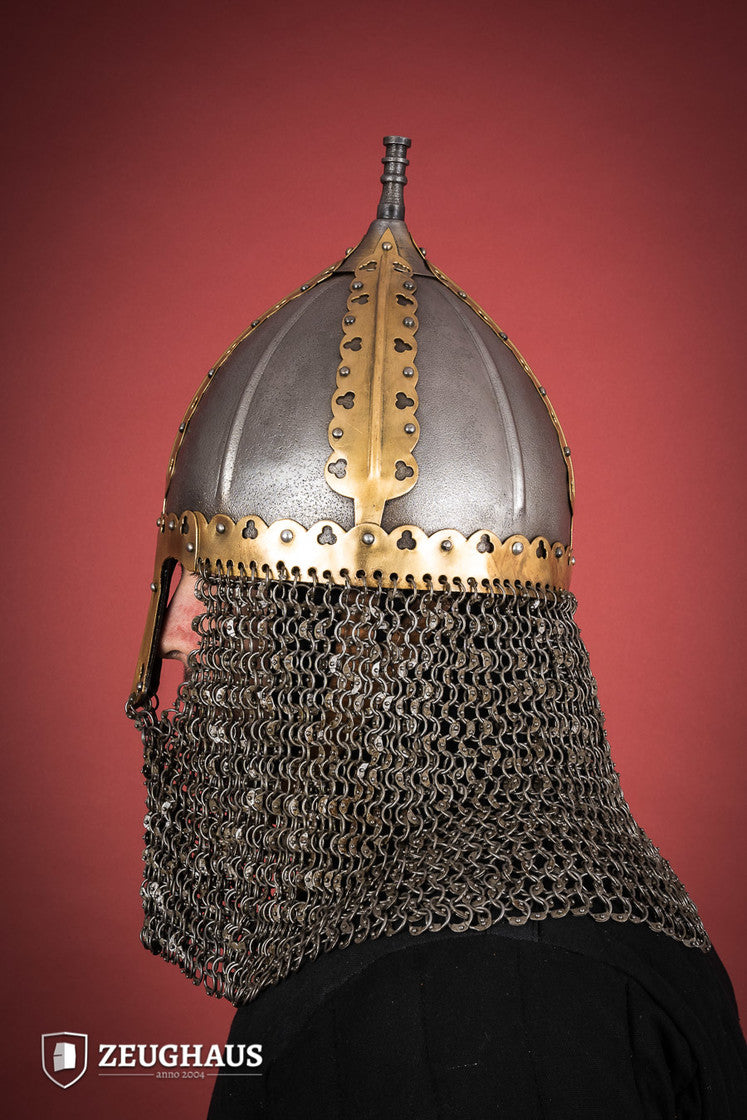 Rus Helmet with Riveted Aventail showcasing intricate design and adjustable leather lining, perfect for historical reenactments.