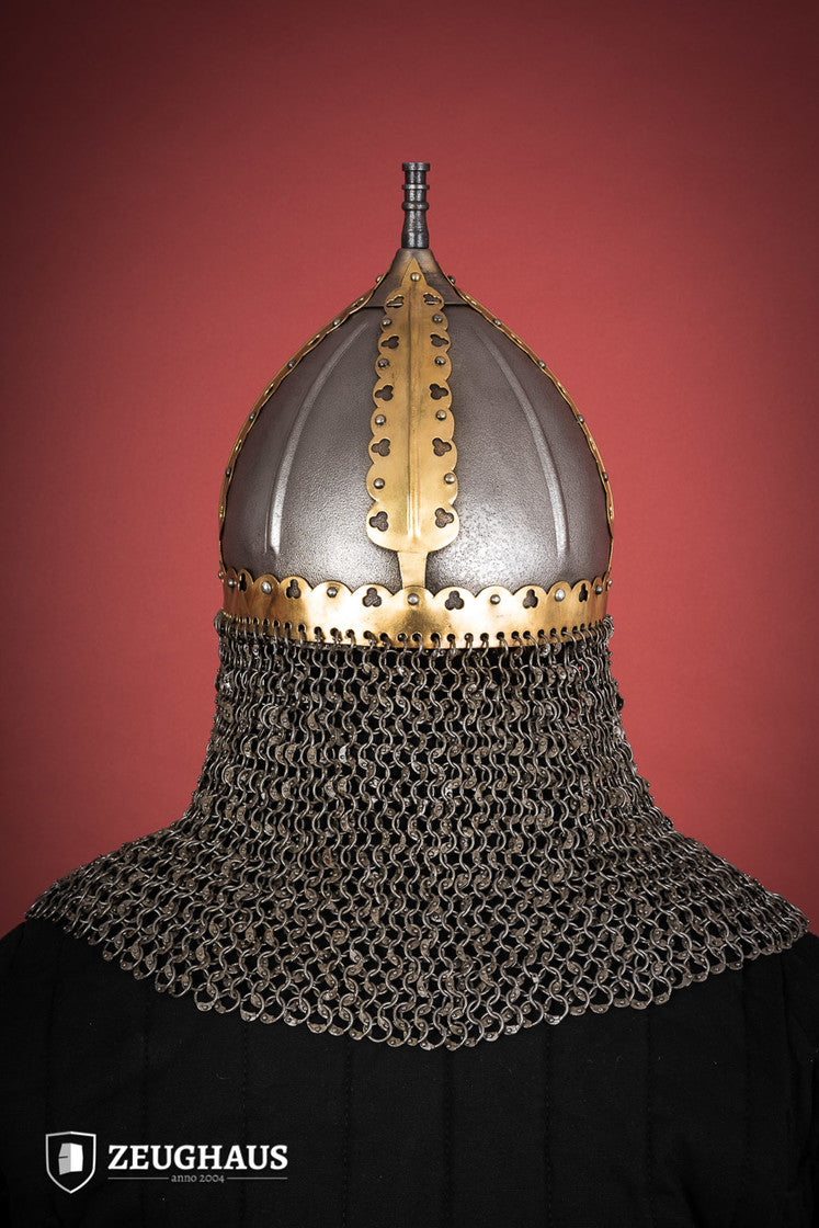 Rus Helmet with Riveted Aventail showcasing intricate design and adjustable leather lining, perfect for historical reenactments.