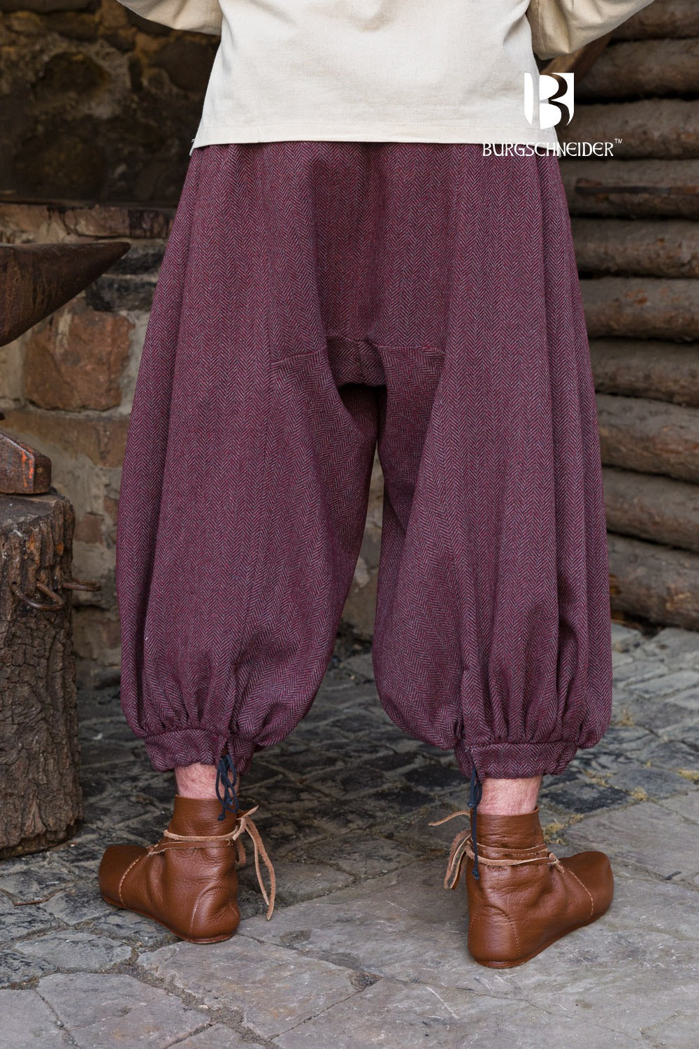 Rus Herringbone Pants in Burgundy and Grey with adjustable drawstrings and herringbone pattern, showcasing historical design.