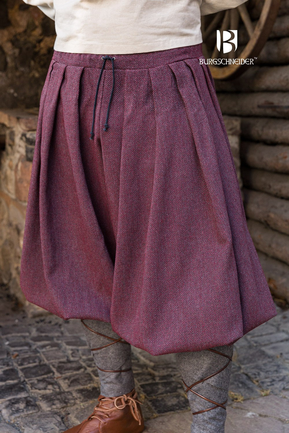 Rus Herringbone Pants in Burgundy and Grey with adjustable drawstrings and herringbone pattern, showcasing historical design.