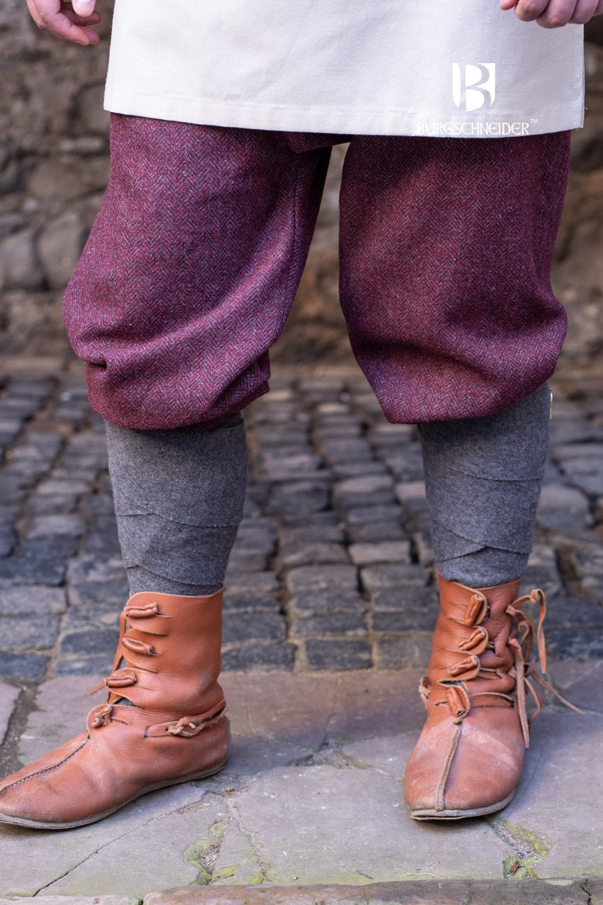 Rus Pants Ivar Herringbone in Burgundy and Grey, featuring a unique herringbone pattern, perfect for historical reenactments.