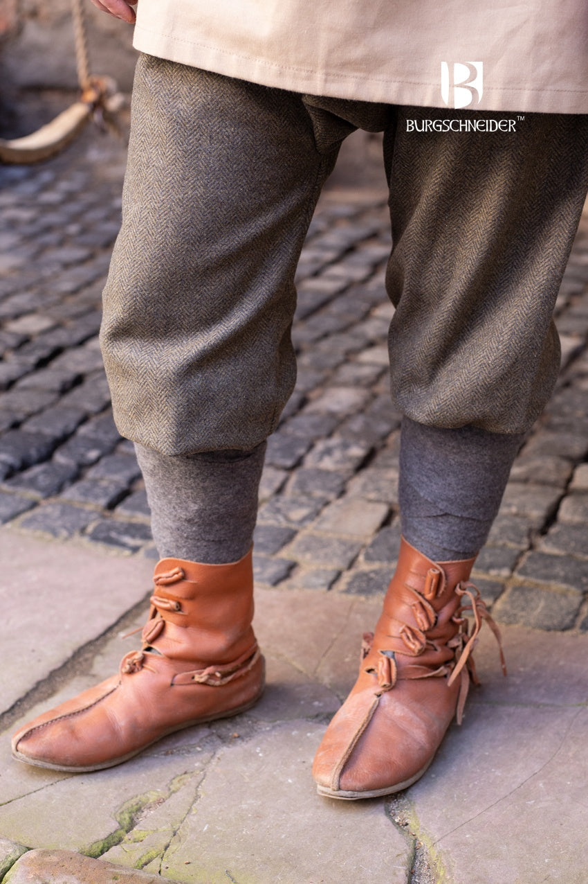 Rus Pants Ivar Herringbone in Olive and Grey, featuring a unique herringbone pattern and short leg design, ideal for Viking costumes.