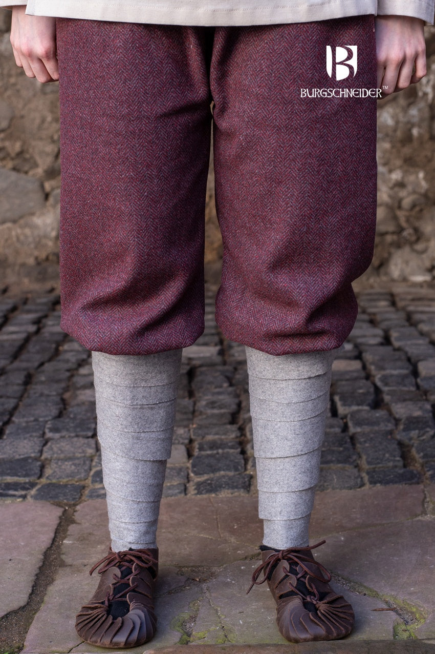 Rus Pants Tilda Herringbone in Burgundy and Grey, featuring a unique herringbone pattern and short legs, ideal for Viking-themed outfits.