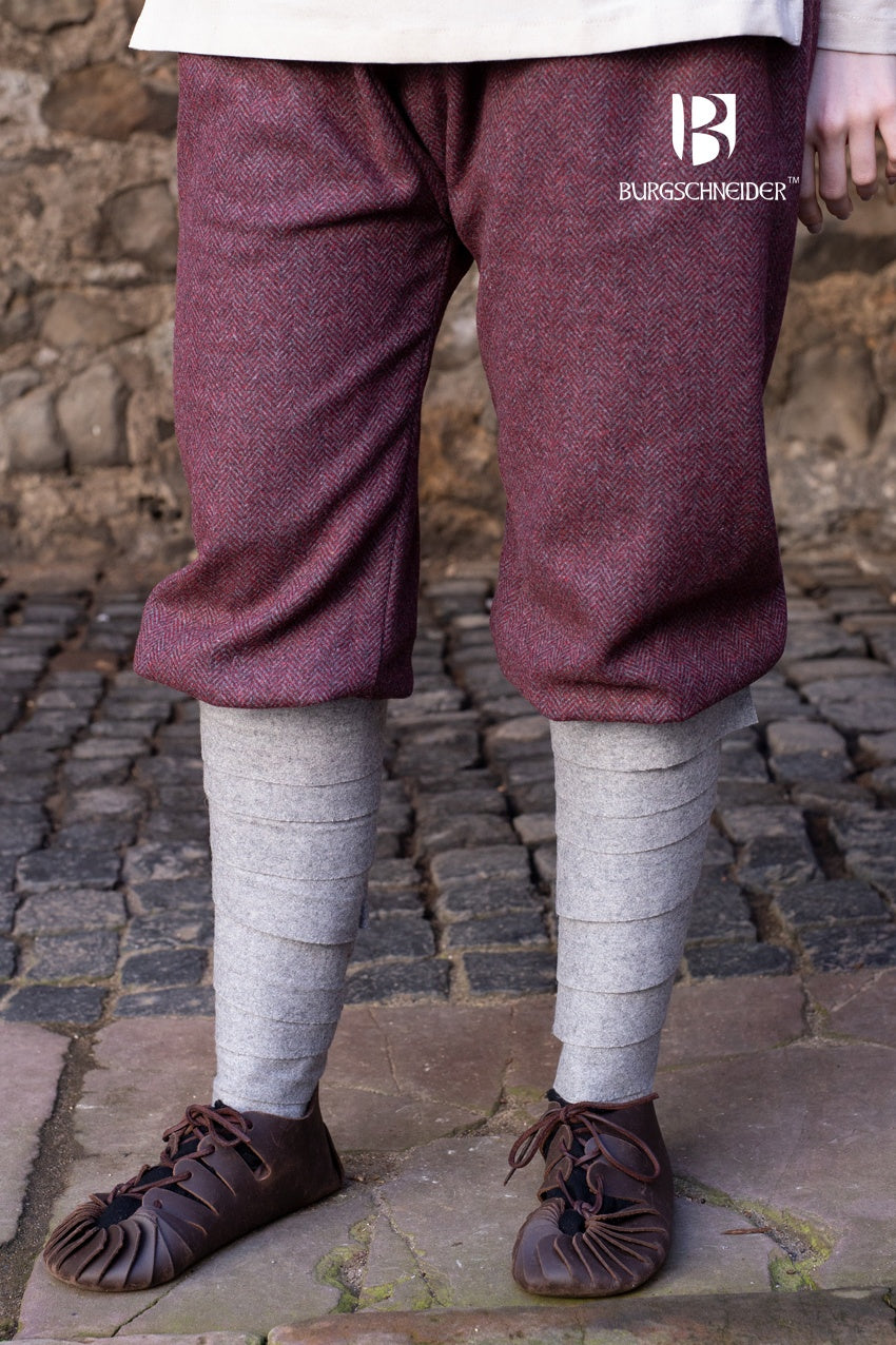 Rus Pants Tilda Herringbone in Burgundy and Grey, featuring a unique herringbone pattern and short legs, ideal for Viking-themed outfits.