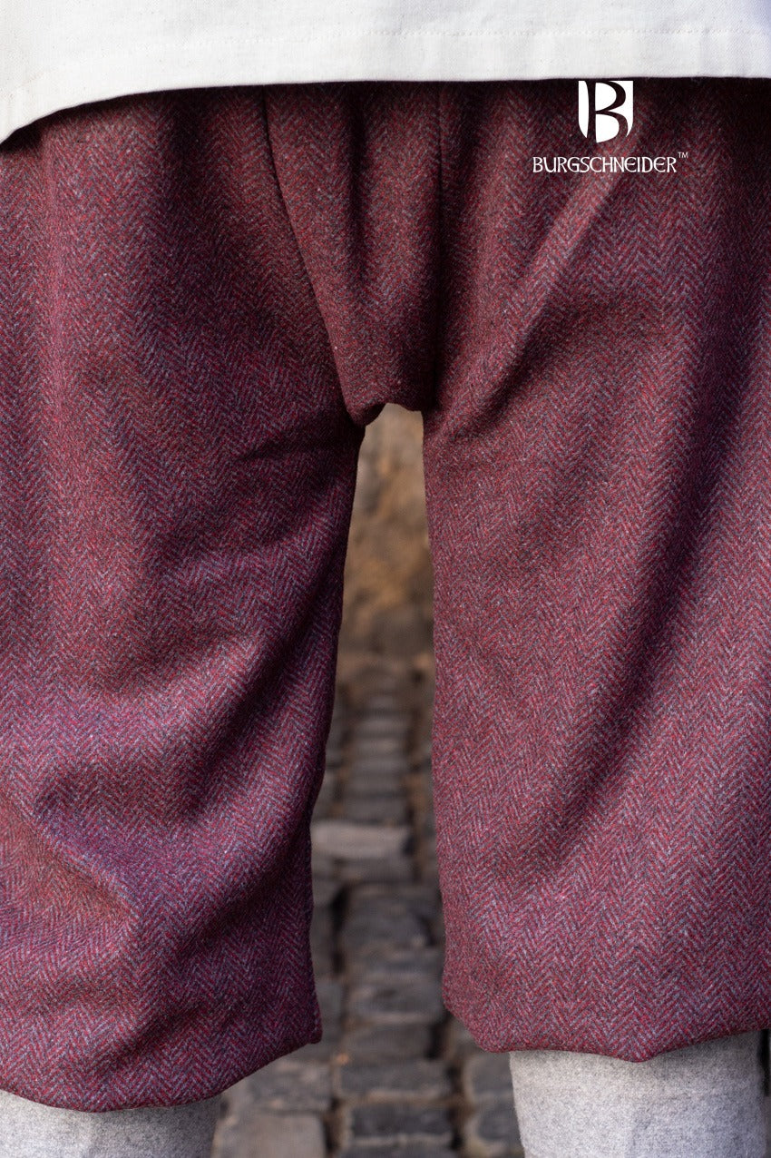 Rus Pants Tilda Herringbone in Burgundy and Grey, featuring a unique herringbone pattern and short legs, ideal for Viking-themed outfits.