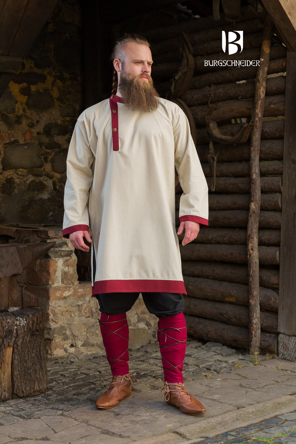 Tobiasz Rus Tunic in Natural color with Bordeaux accents on hem and collar, featuring side slits for mobility.