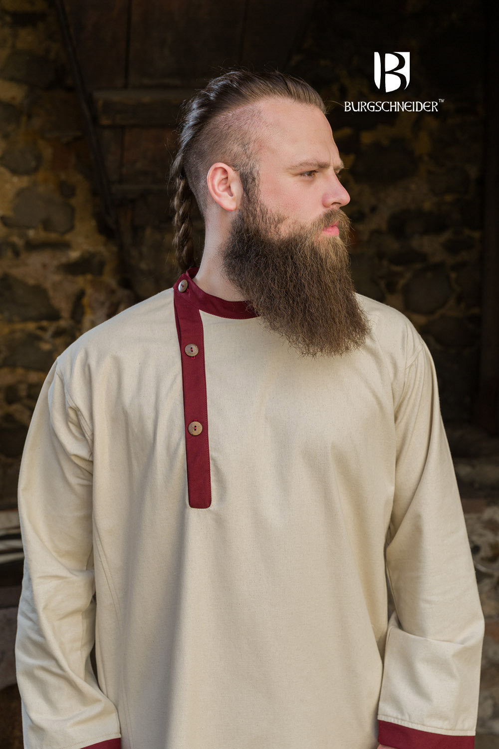 Tobiasz Rus Tunic in Natural color with Bordeaux accents on hem and collar, featuring side slits for mobility.