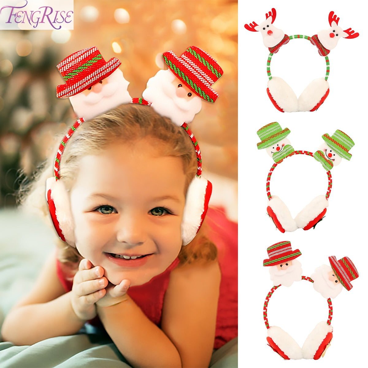 A festive Santa Claus and snowman headband for kids, featuring bright colors and cheerful designs, perfect for Christmas celebrations.