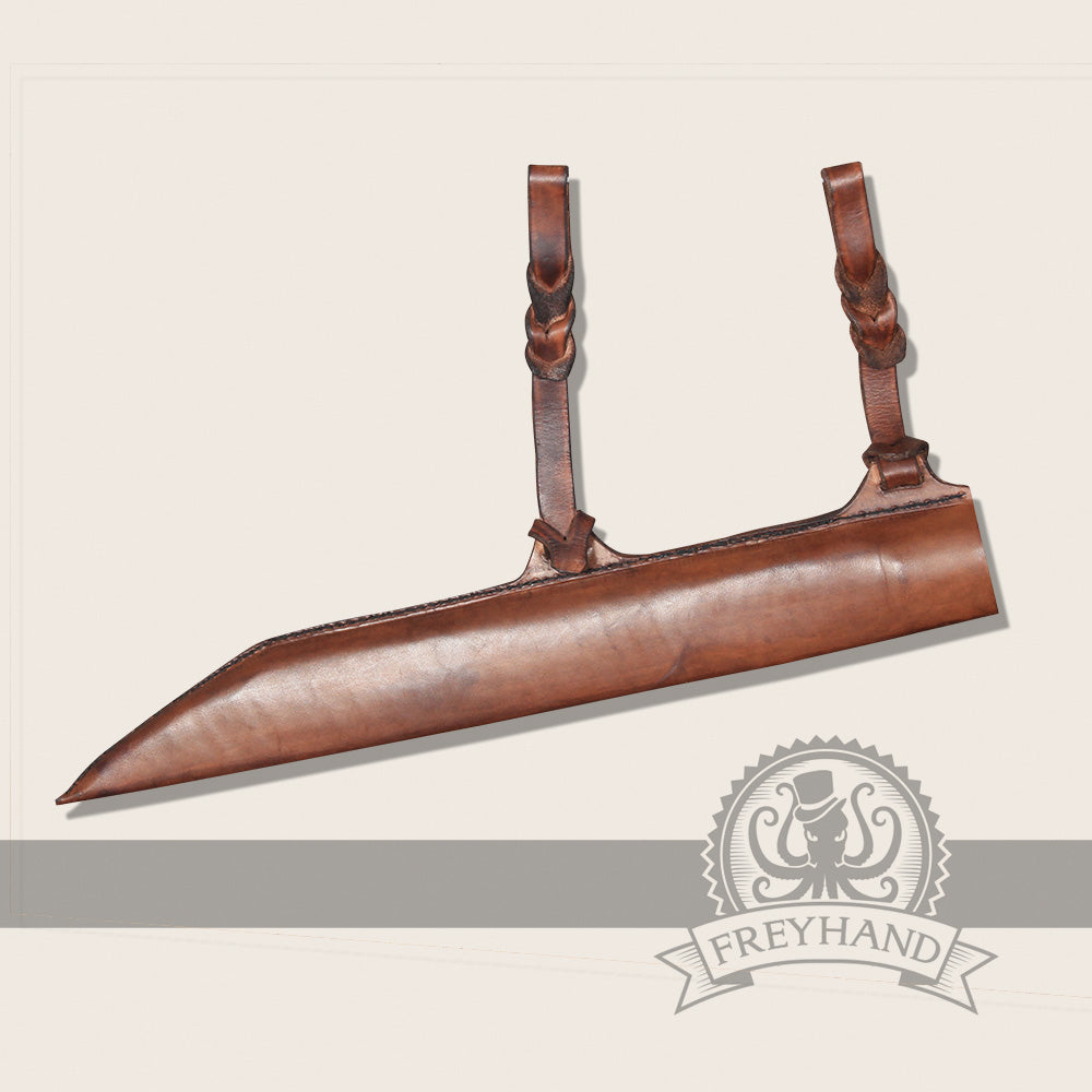 Scabbard Pinus Brown leather sheath for Sax Ragnar, featuring braided straps and a wood color finish.