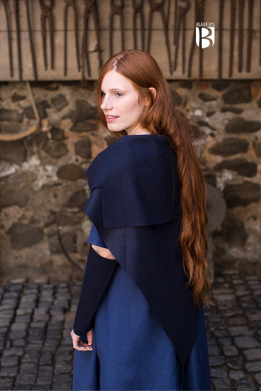 Scarf Bertrude Blue displayed elegantly, showcasing its medieval-inspired design and versatility as a headscarf, shoulder cloth, and apron.