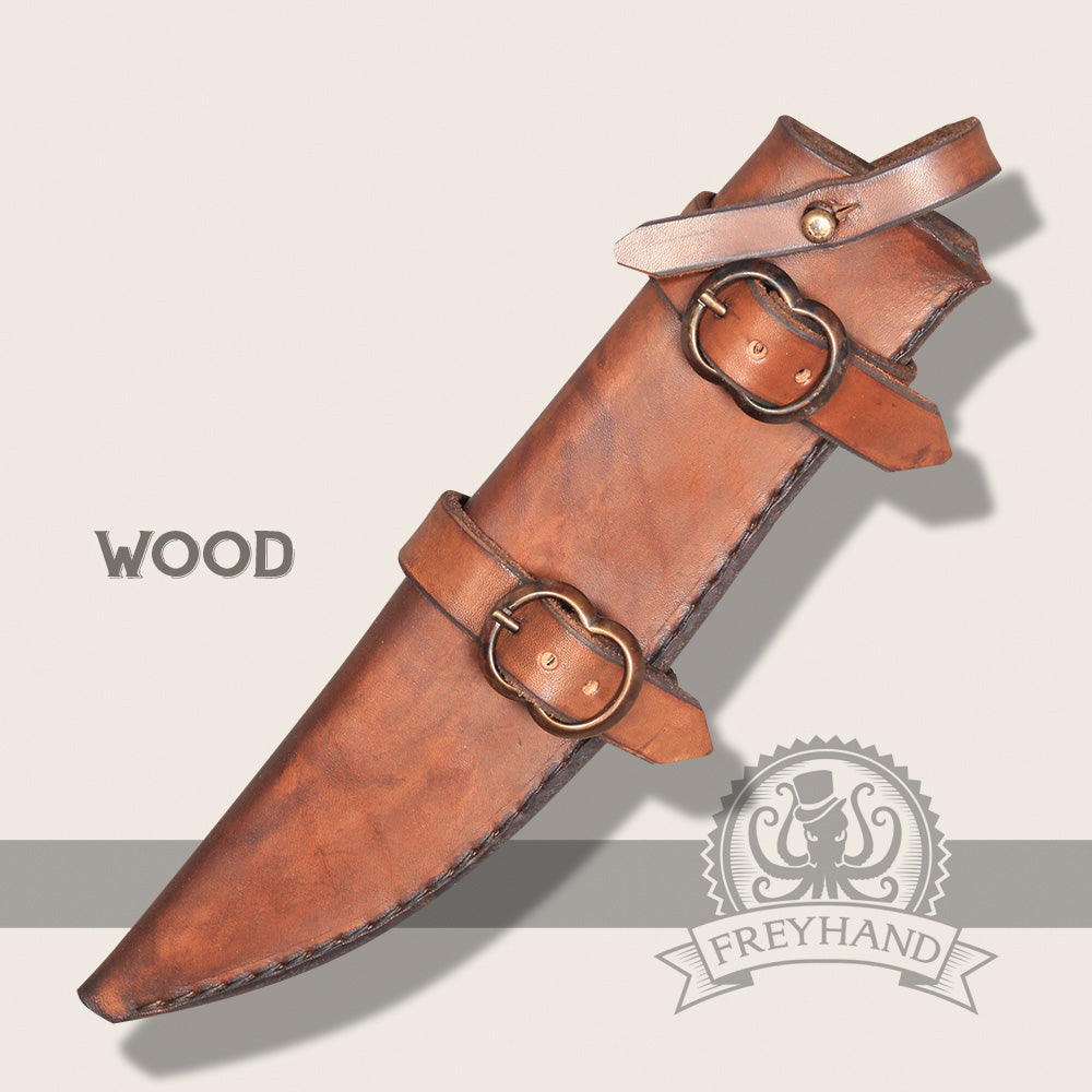 Chic leather sheath Aronia Brown with decorative brass buckles and quick release strap, designed for knife David.