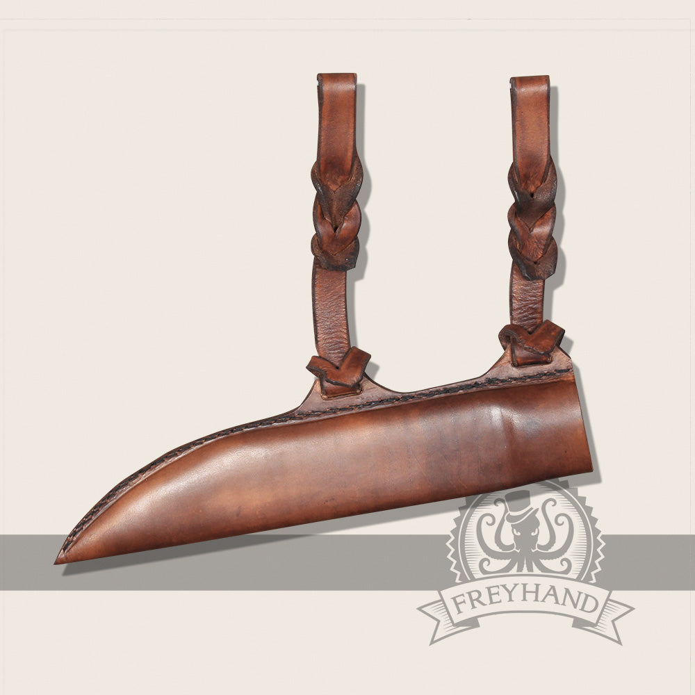 Sheath Pinus Brown made of leather, designed for sax dagger Ragnar, featuring braided straps for belt attachment.