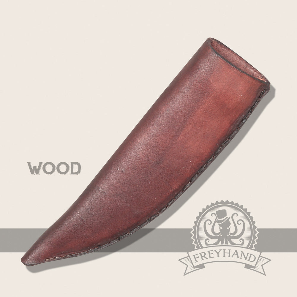 High-quality leather sheath for short knives, featuring a brown finish and a belt loop for easy attachment.