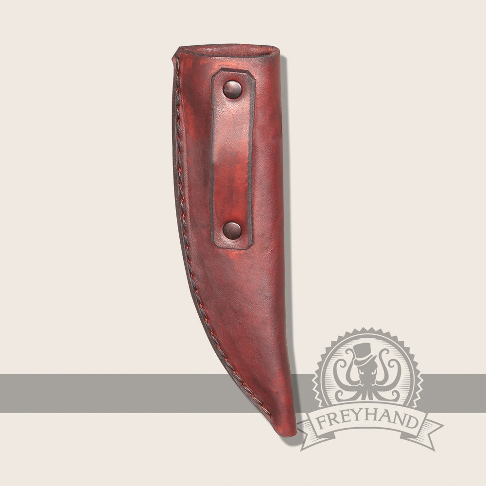 High-quality leather sheath for short knives, featuring a brown finish and a belt loop for easy attachment.