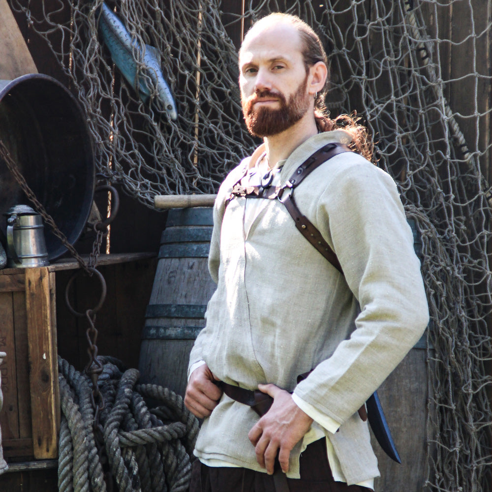 Shirt Dianthus Natural featuring a stand-up collar and wide v-neck, made from rugged linen blended fabric, perfect for fantasy costumes.