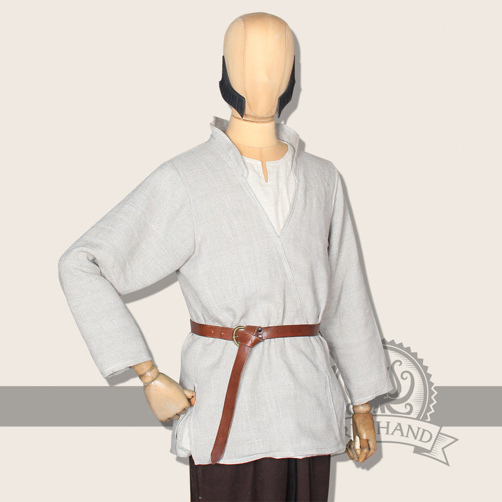 Shirt Dianthus Natural featuring a stand-up collar and wide v-neck, made from rugged linen blended fabric, perfect for fantasy costumes.