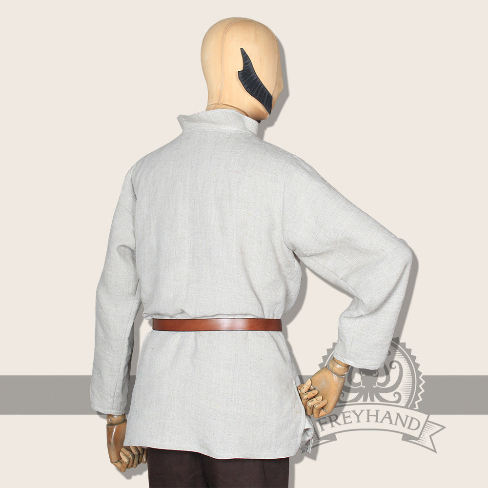 Shirt Dianthus Natural featuring a stand-up collar and wide v-neck, made from rugged linen blended fabric, perfect for fantasy costumes.