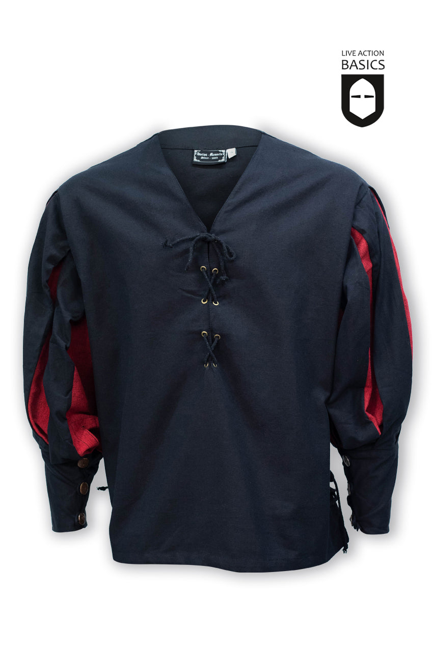 Landsknecht Shirt in black and red with front lacing and striped sleeves, showcasing historical design elements.